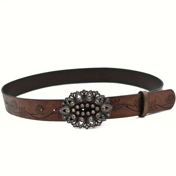 Brown Floral Embossed Vegan Leather Belt with Ornate Buckle Rodeo Style - Picture 4 of 8